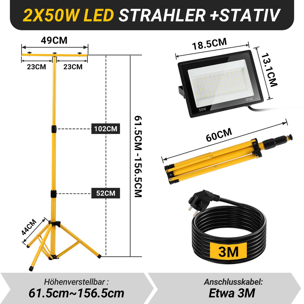 Cosmo Go LED Baustrahler 2 x 50W/100W/200W mit Stativ Einstellbar
