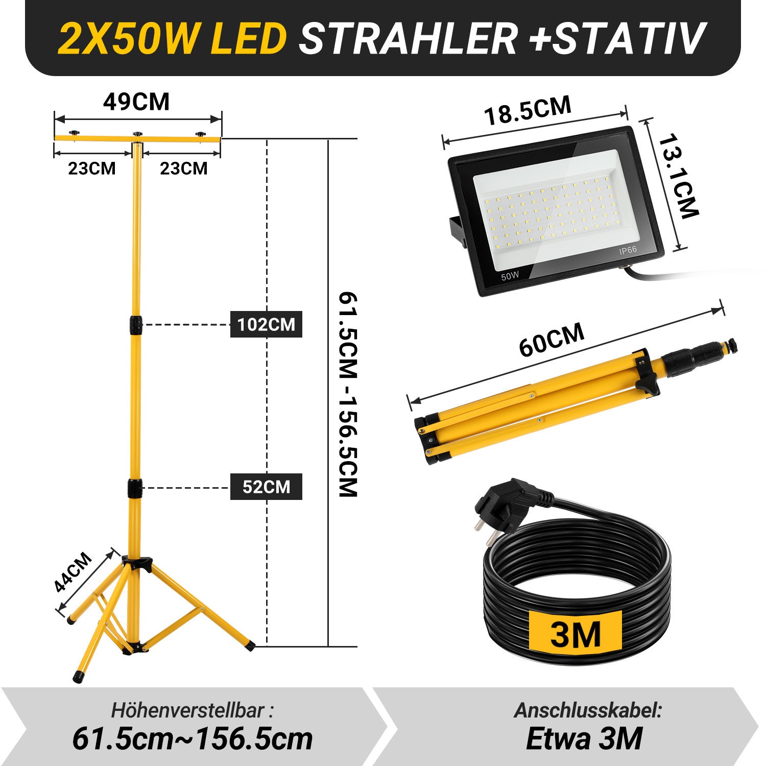 Cosmo Go LED Baustrahler 2 x 50W/100W/200W mit Stativ Einstellbar