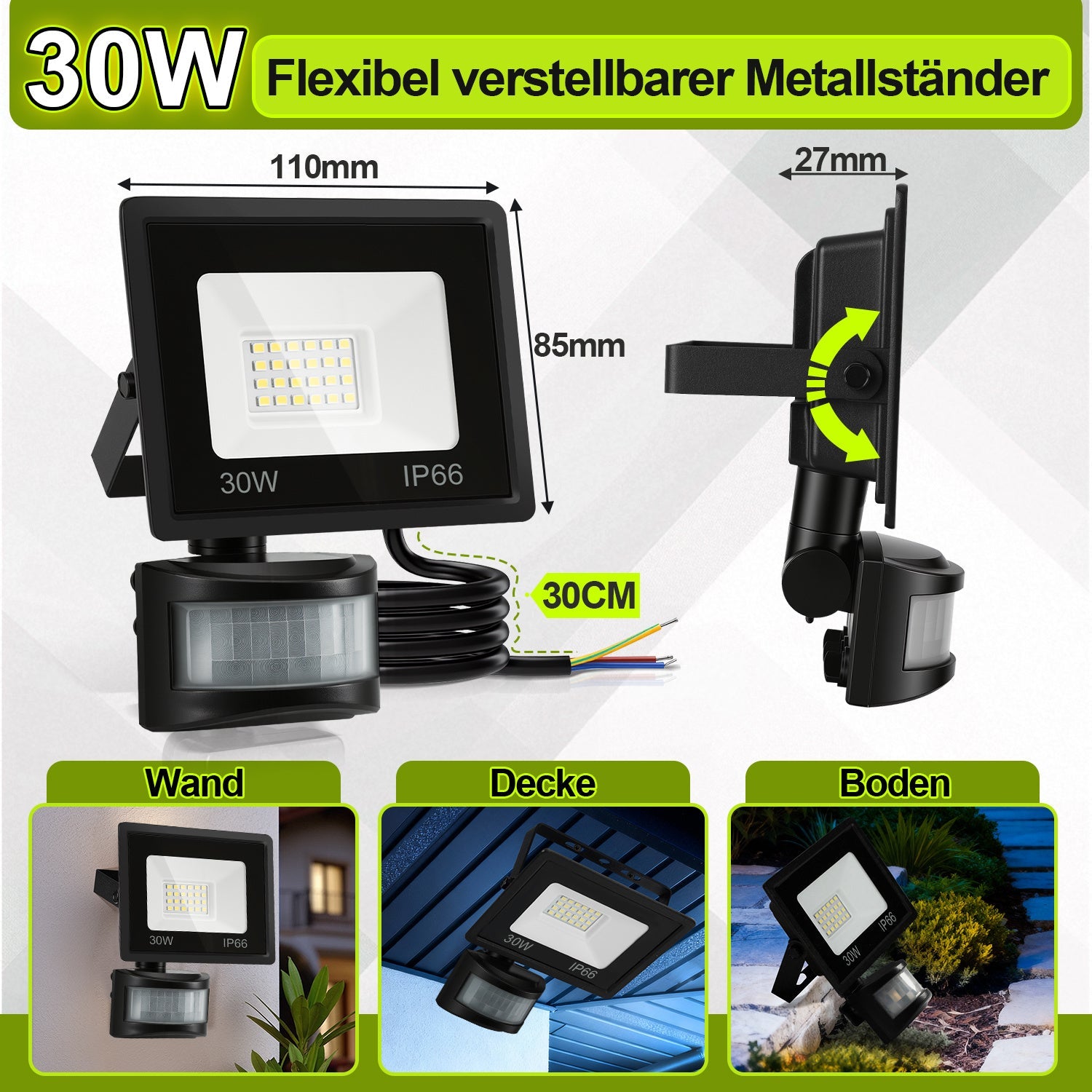 Cosmo Go LED Fluter mit Bewegungsmelder Kaltweiß 10W-100W(kein Stecker)