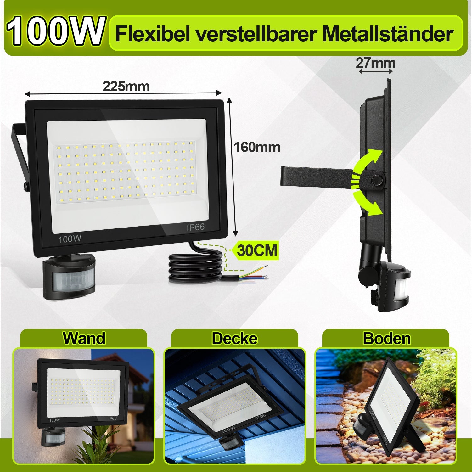 Cosmo Go LED Fluter mit Bewegungsmelder Kaltweiß 10W-100W(kein Stecker)