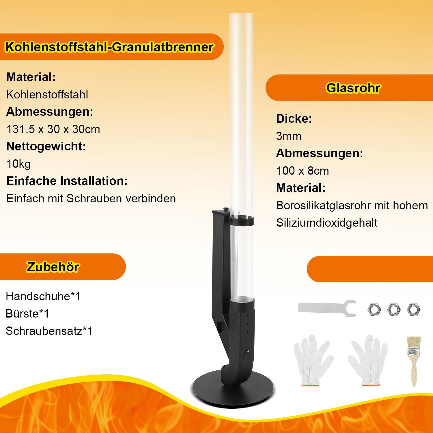 Cosmo Go Pelletfackel Feuerrohr Kohlenstoffstahl mit Glasröhre