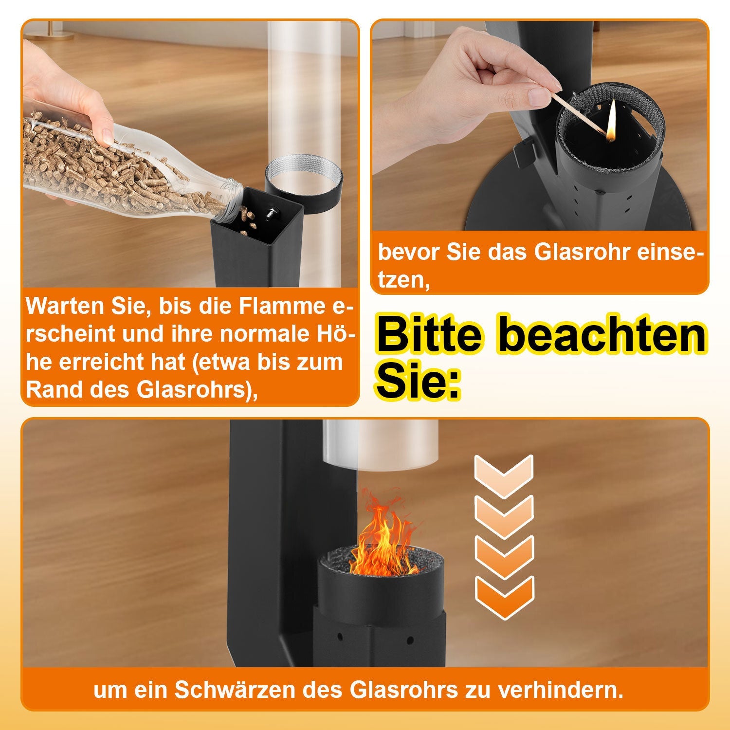 Cosmo Go Pelletfackel Feuerrohr Kohlenstoffstahl mit Glasröhre