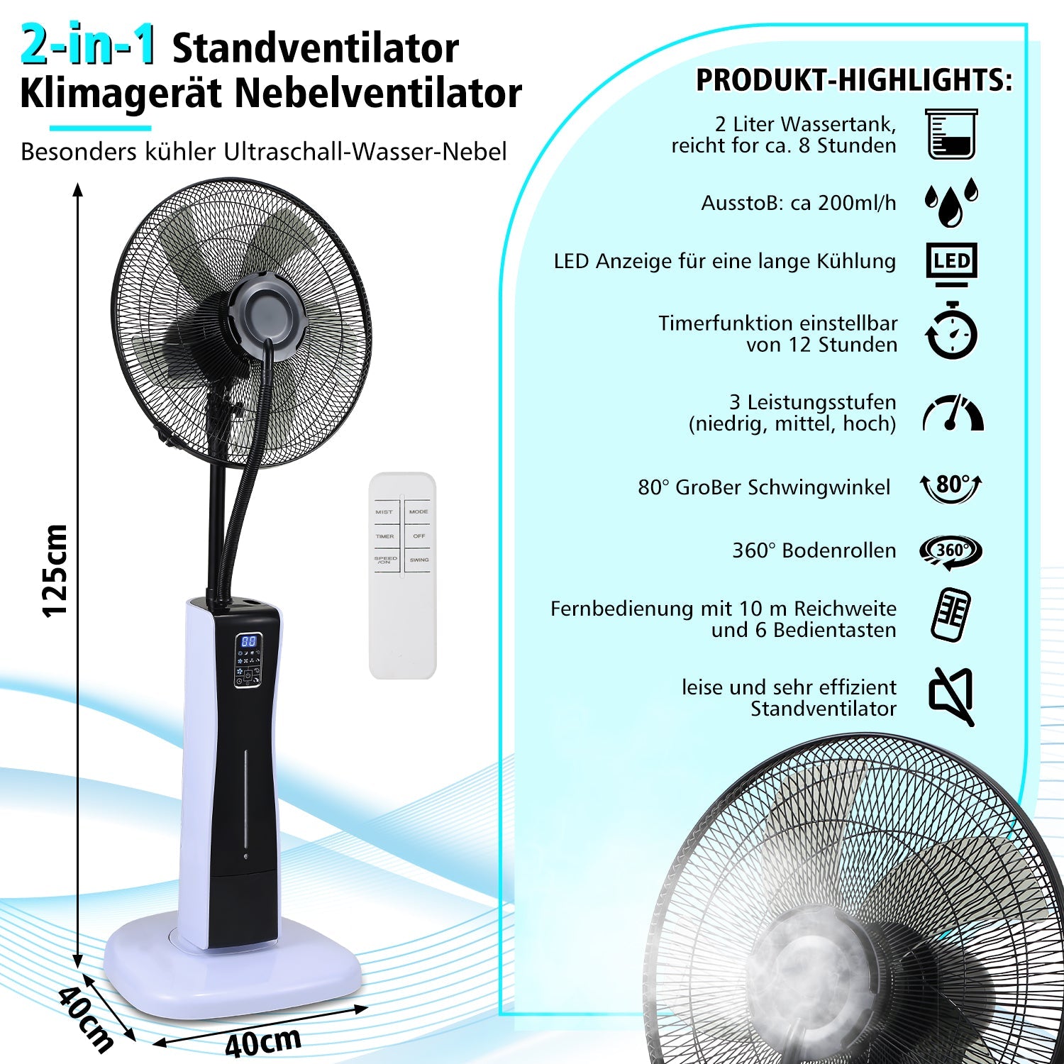 Cosmo Go Standventilator mit Wasserkühlung Ultraschall-Sprühnebel