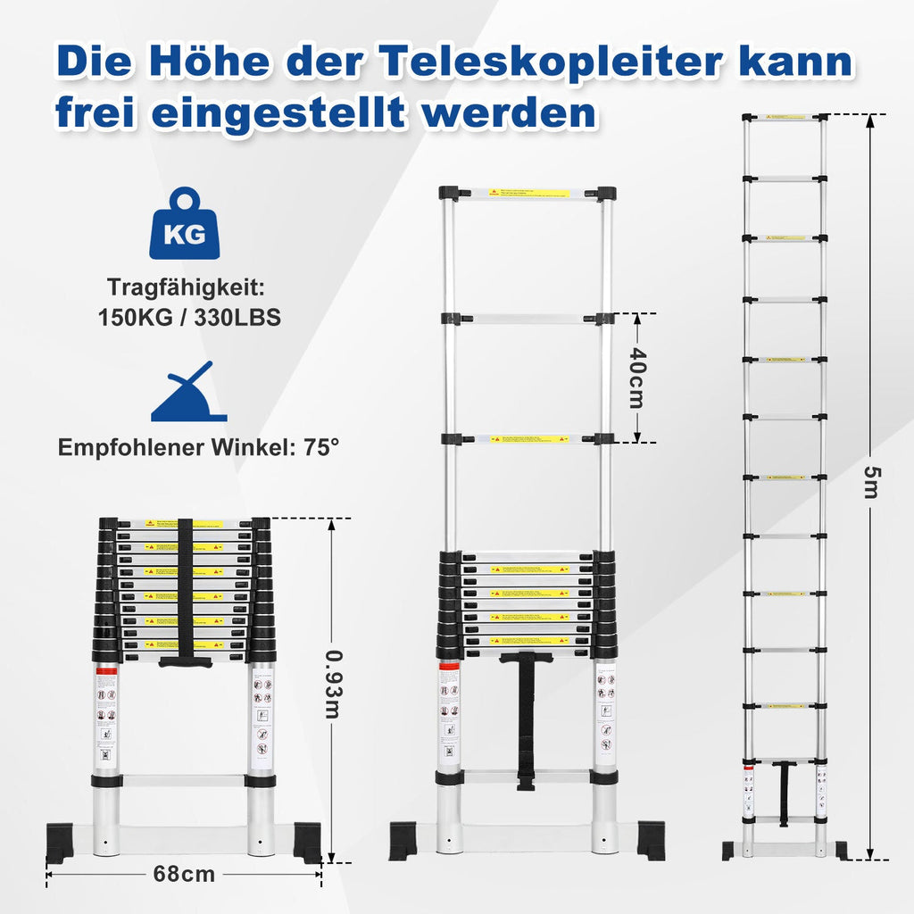 Cosmo Go Teleskopleiter Aluminium Belastbarkeit bis zu 150kg 2.6m-5m mit Stabilisator