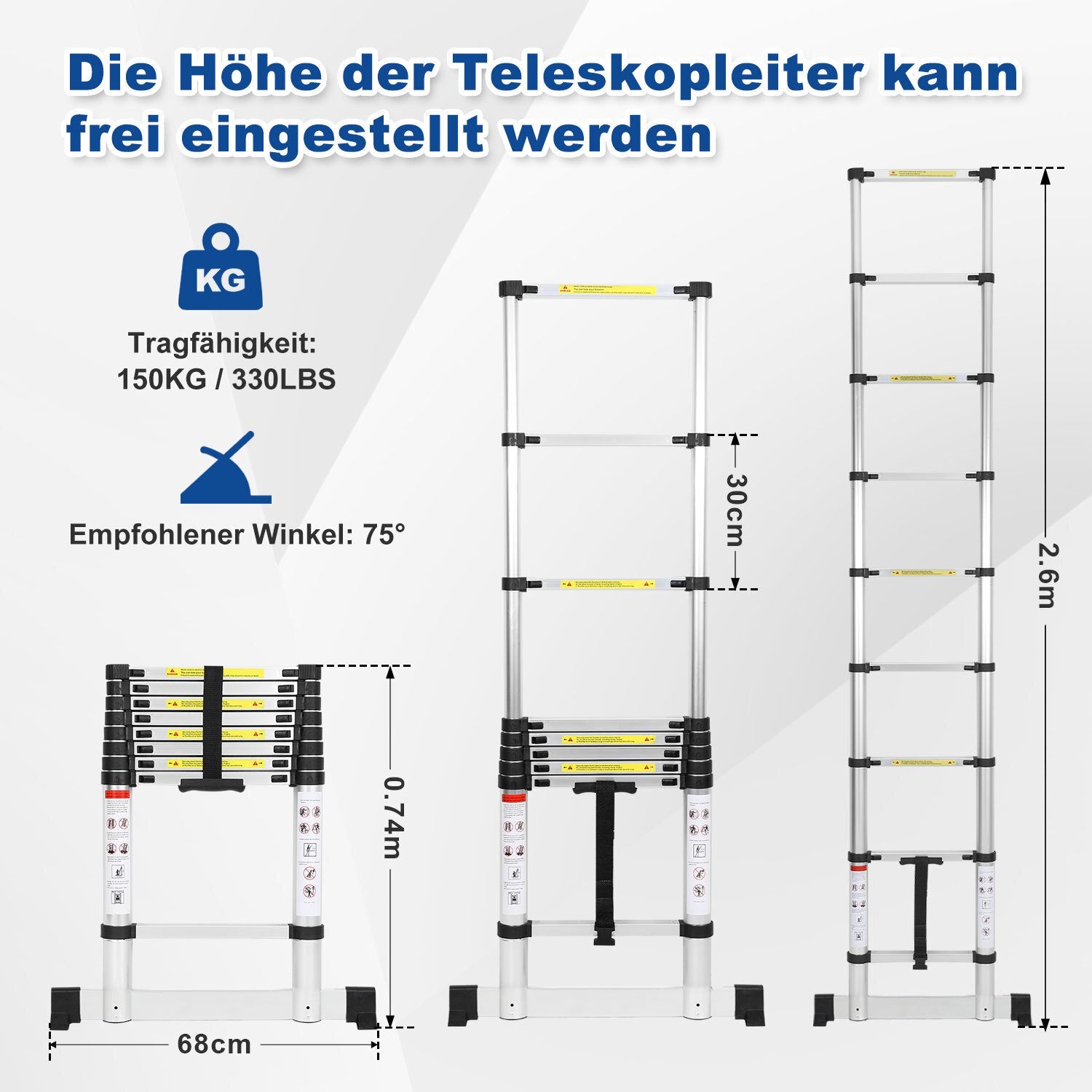 Cosmo Go Teleskopleiter Aluminium Belastbarkeit bis zu 150kg 2.6m-5m mit Stabilisator