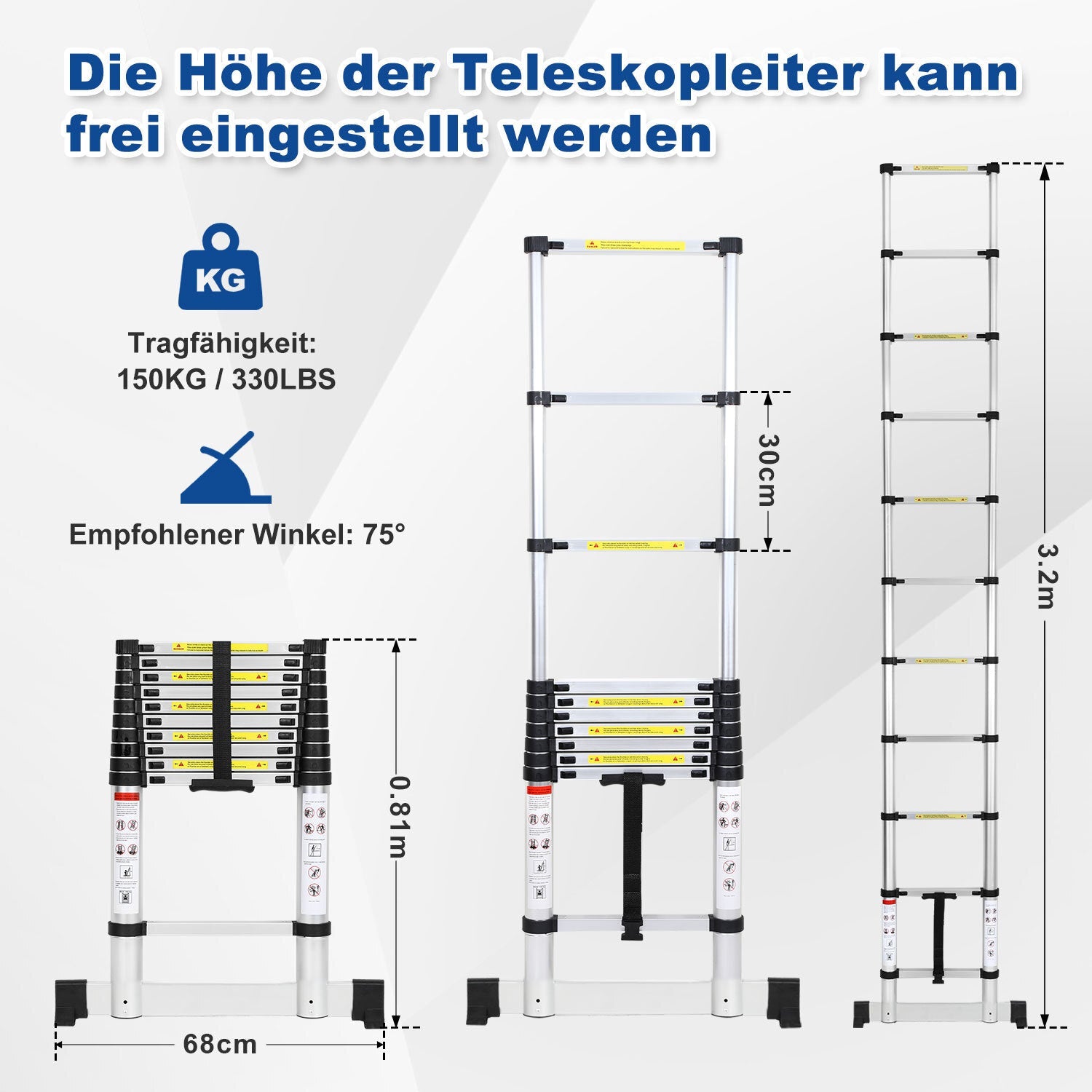 Cosmo Go Teleskopleiter Aluminium Belastbarkeit bis zu 150kg 2.6m-5m mit Stabilisator