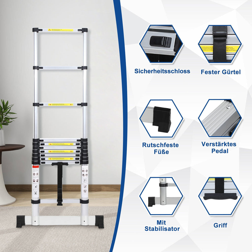 Cosmo Go Teleskopleiter Aluminium Belastbarkeit bis zu 150kg 2.6m-5m mit Stabilisator