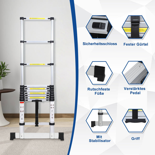 Cosmo Go Teleskopleiter Aluminium Belastbarkeit bis zu 150kg 2.6m-5m mit Stabilisator Main Image