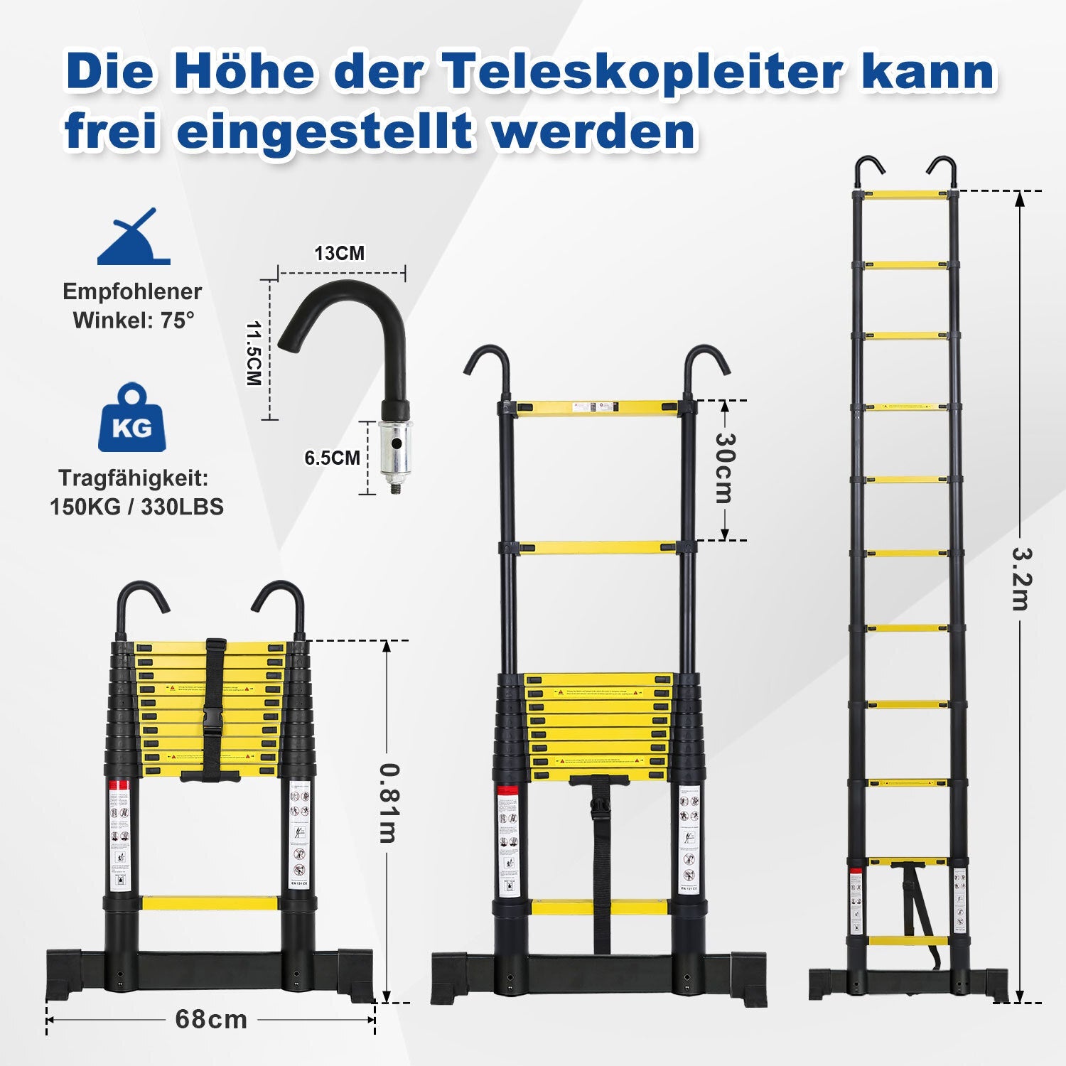 Cosmo Go Teleskopleiter Aluminium mit Abnehmbarem Haken mit Stabilisator