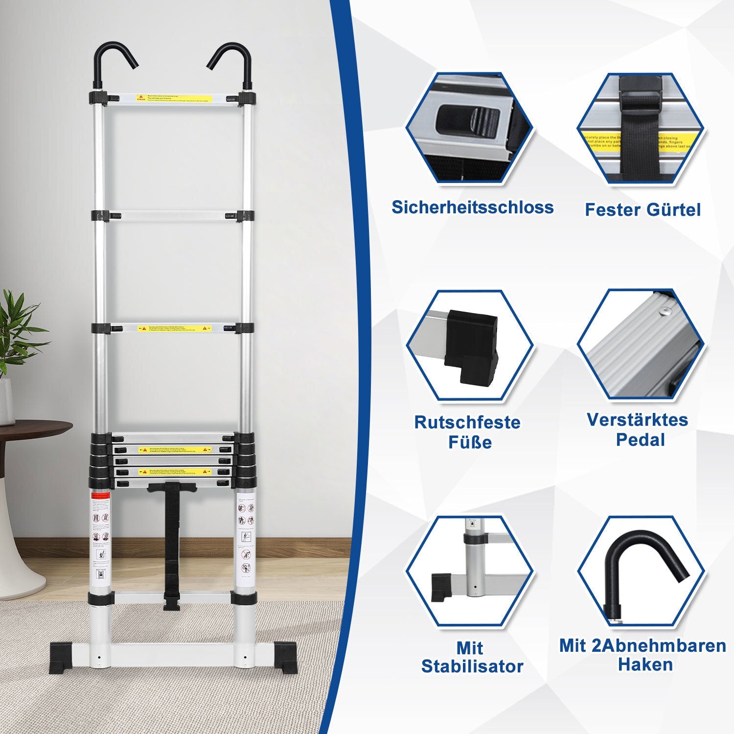 Cosmo Go Teleskopleiter mit 2 Abnehmbarem Haken mit Stabilisator