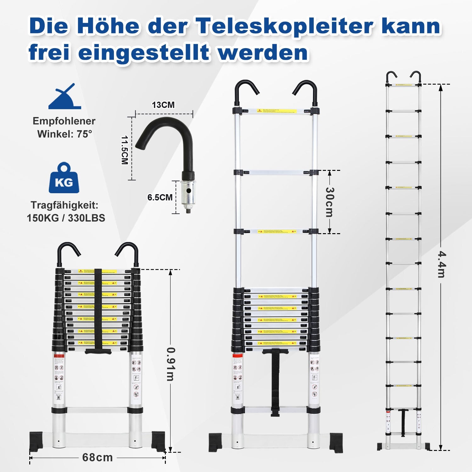 Cosmo Go Teleskopleiter mit 2 Abnehmbarem Haken mit Stabilisator