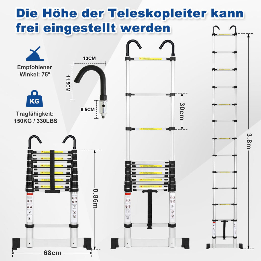 Cosmo Go Teleskopleiter mit 2 Abnehmbarem Haken mit Stabilisator
