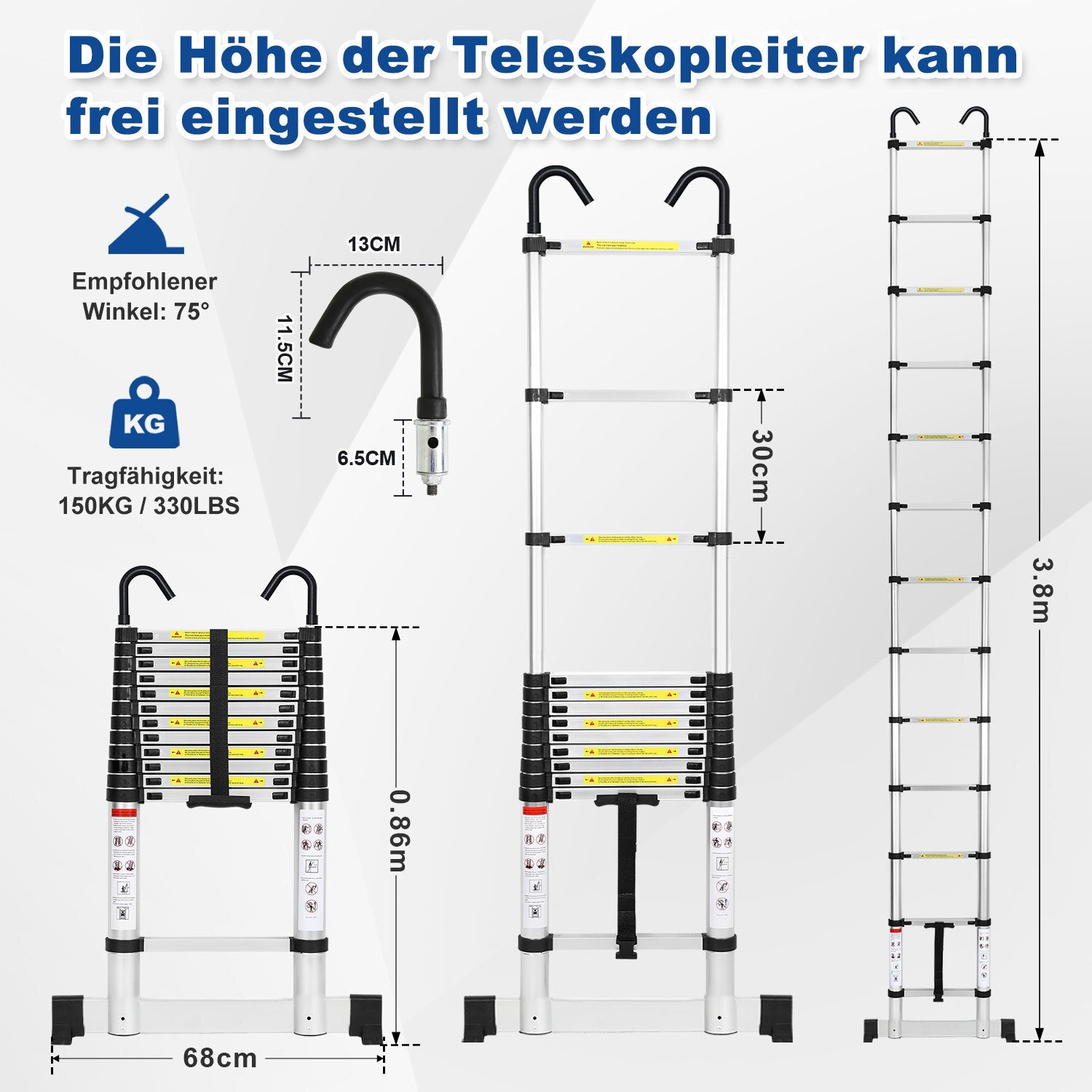 Cosmo Go Teleskopleiter mit 2 Abnehmbarem Haken mit Stabilisator