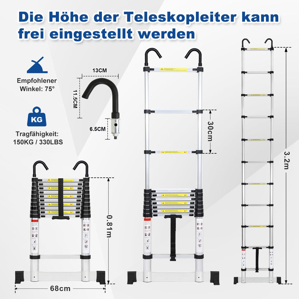 Cosmo Go Teleskopleiter mit 2 Abnehmbarem Haken mit Stabilisator