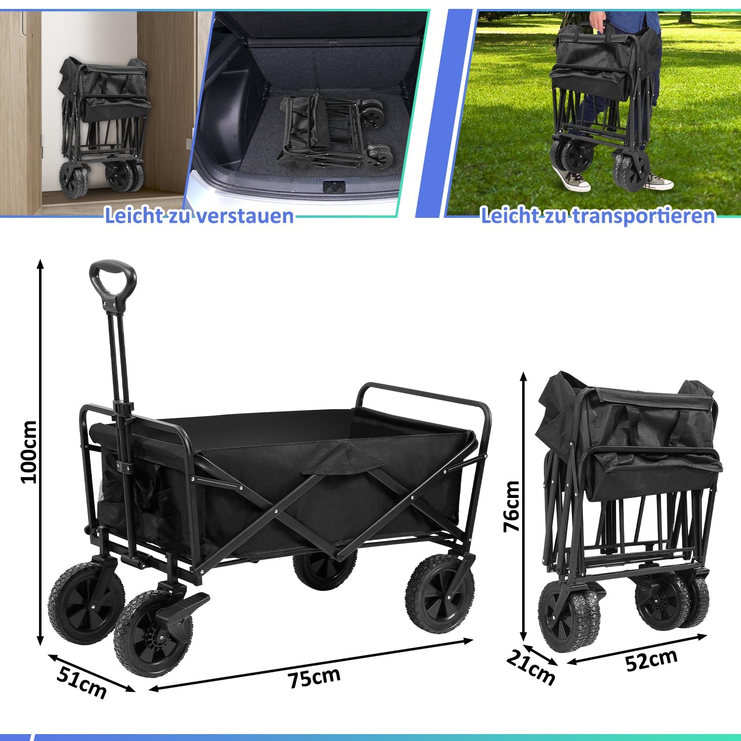 Cosmo Go Bollerwagen faltbar Transportwagen 100kg Belastbarkeit