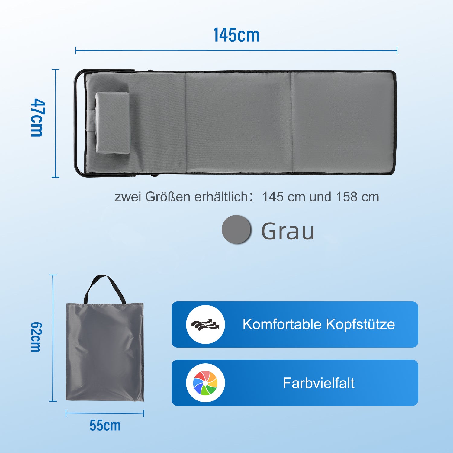 Cosmo Go Strandliegen Tragbar Strandmatte mit Einstellbar Höhe 145cm