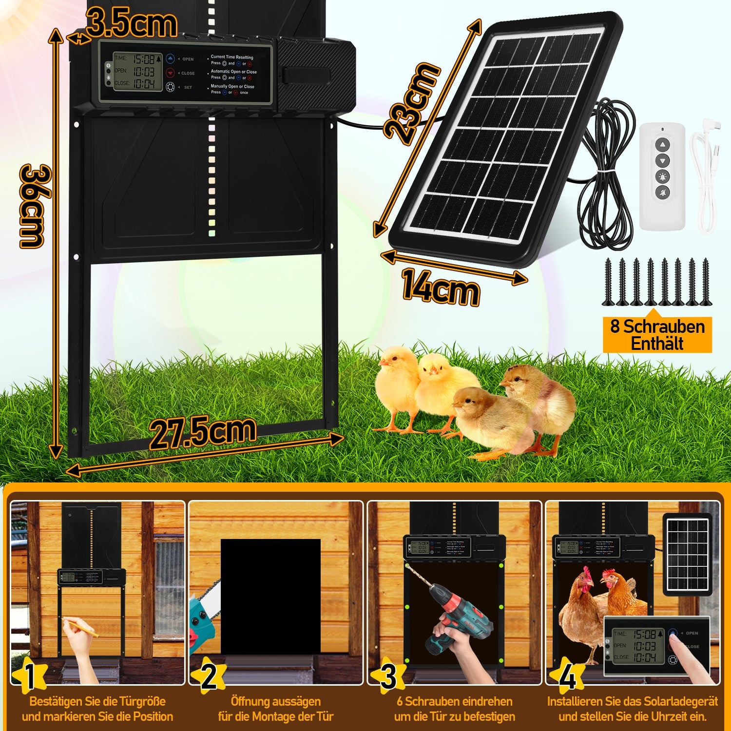 Cosmo Go Hühnerklappe Automatische Solar mit LED Display und Fernbedienung