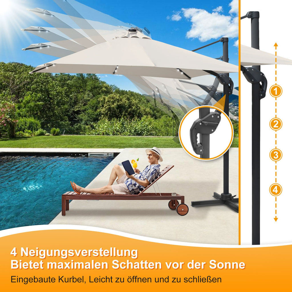 Cosmo Go Ampelschirm 300 x 300 cm Sonnenschirm 360° Drehbar mit Solar-LED