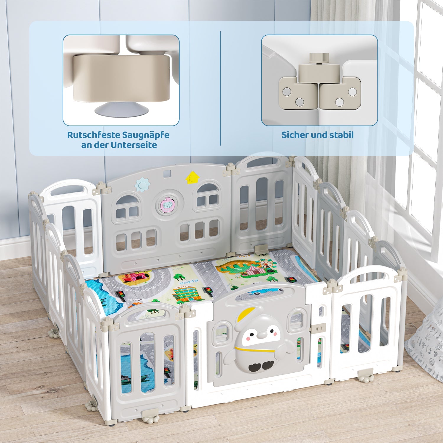 Cosmo Go Laufstall baby Faltbares mit Kriechmatte und Geschichtenbox