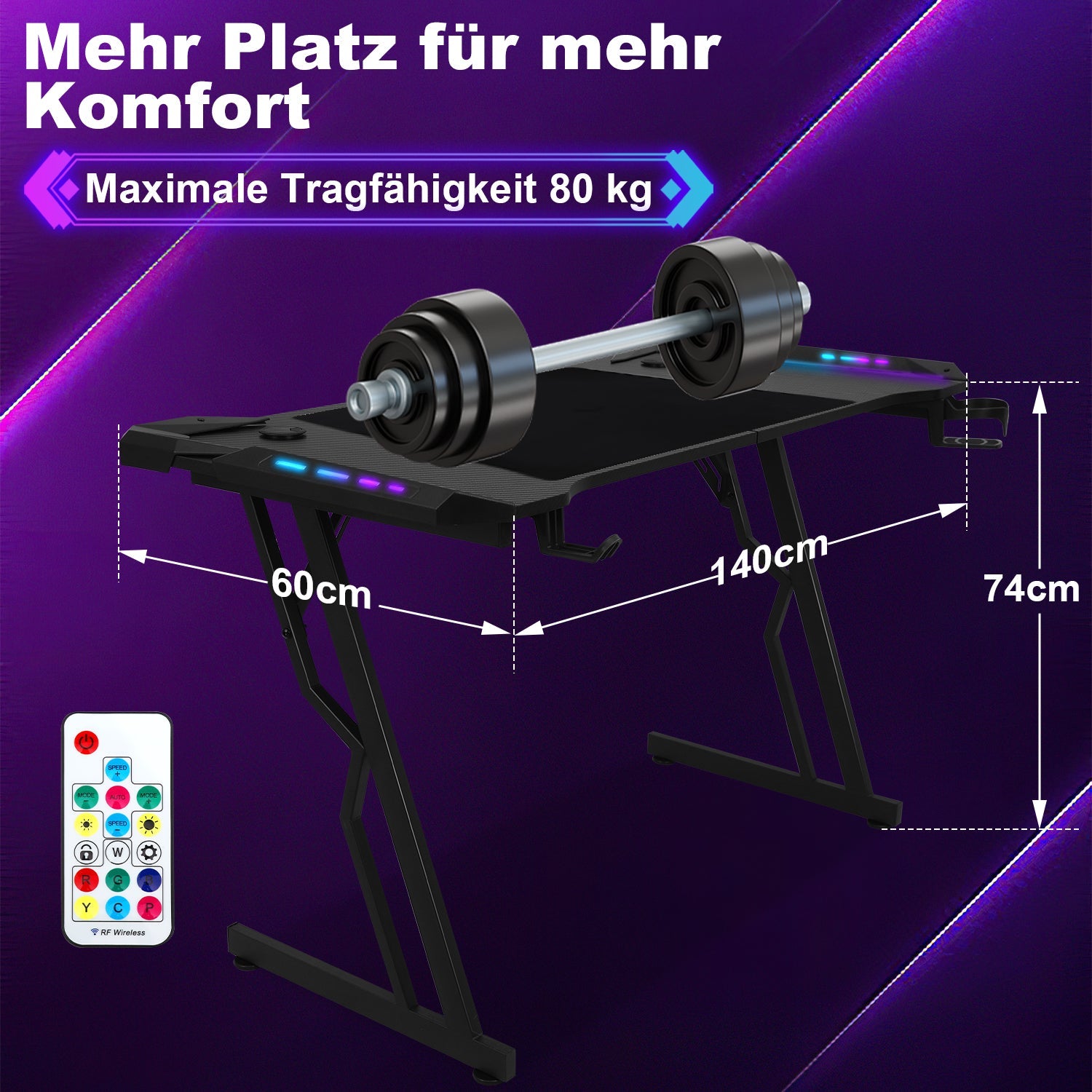 Cosmo Go Gaming Schreibtisch Gaming Tisch 120/140cm mit LED Fernbedienung