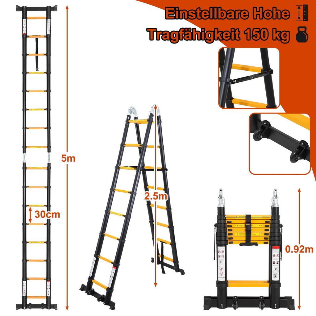 Cosmo Go 5M Alu Teleskopleiter Klappleiter mit Rädern und Dreiecksstabilisator Schwarz