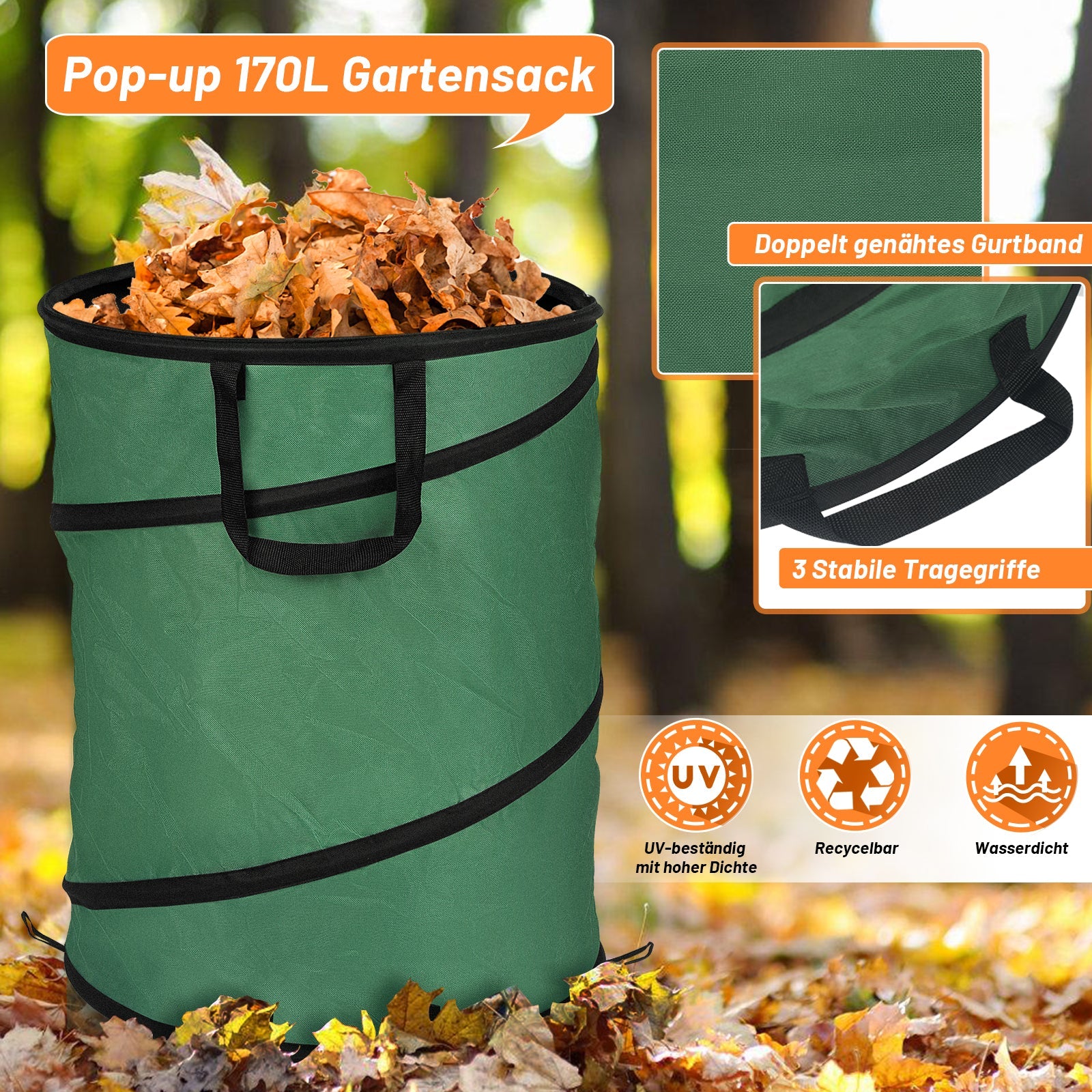 Cosmo Go Gartensack Pop Up Gartenabfallsack 170L mit Griffen