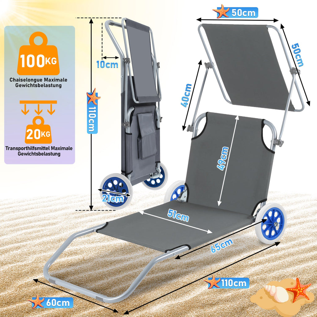 Cosmo Go Sonnenliege klappbar Aluminium mit Rollen und Sonnendach