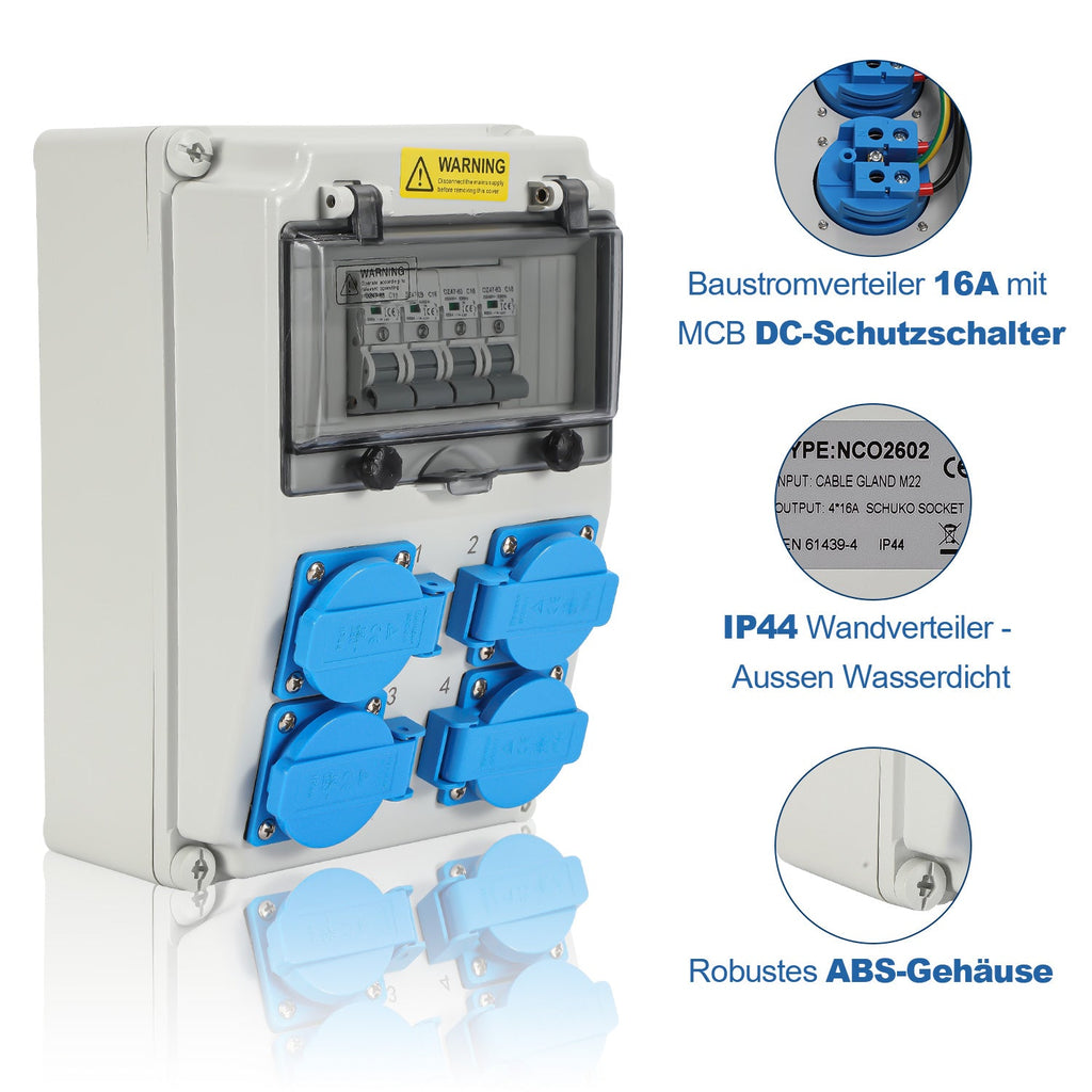 Cosmo Go Wandverteiler mit 4xSchuko-Steckdose16A 250V, 4xCEE Steckdosen 16A 1P