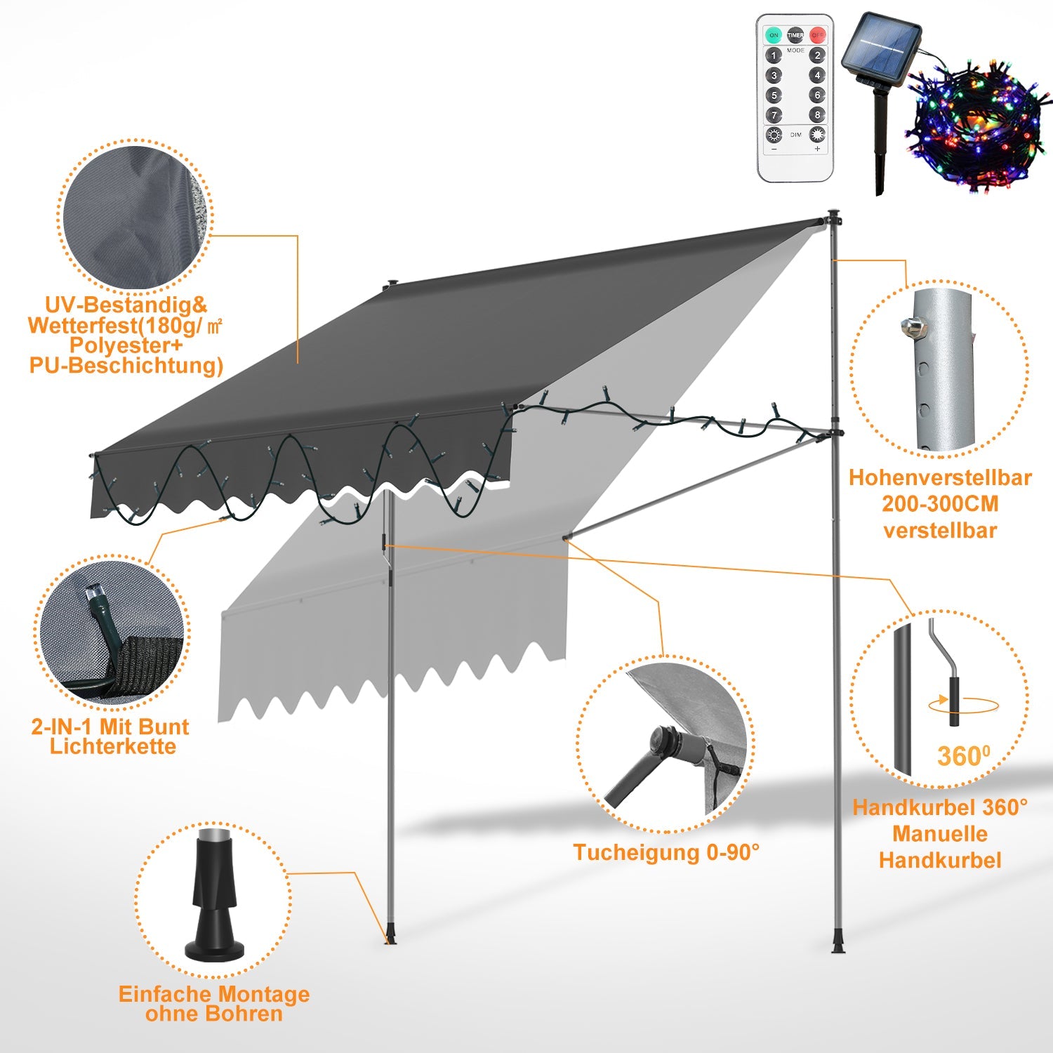Cosmo Go Klemmmarkise mit Handkurbel mit Solar LED Lichtkette