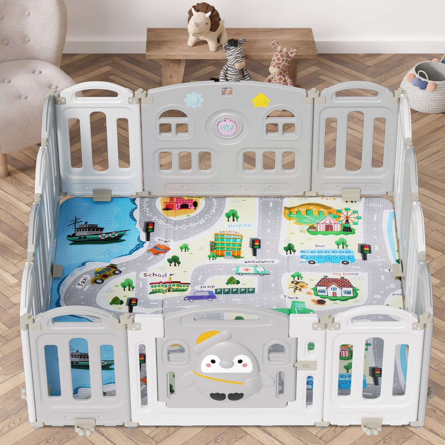 Cosmo Go Laufstall baby Faltbares mit Kriechmatte und Geschichtenbox