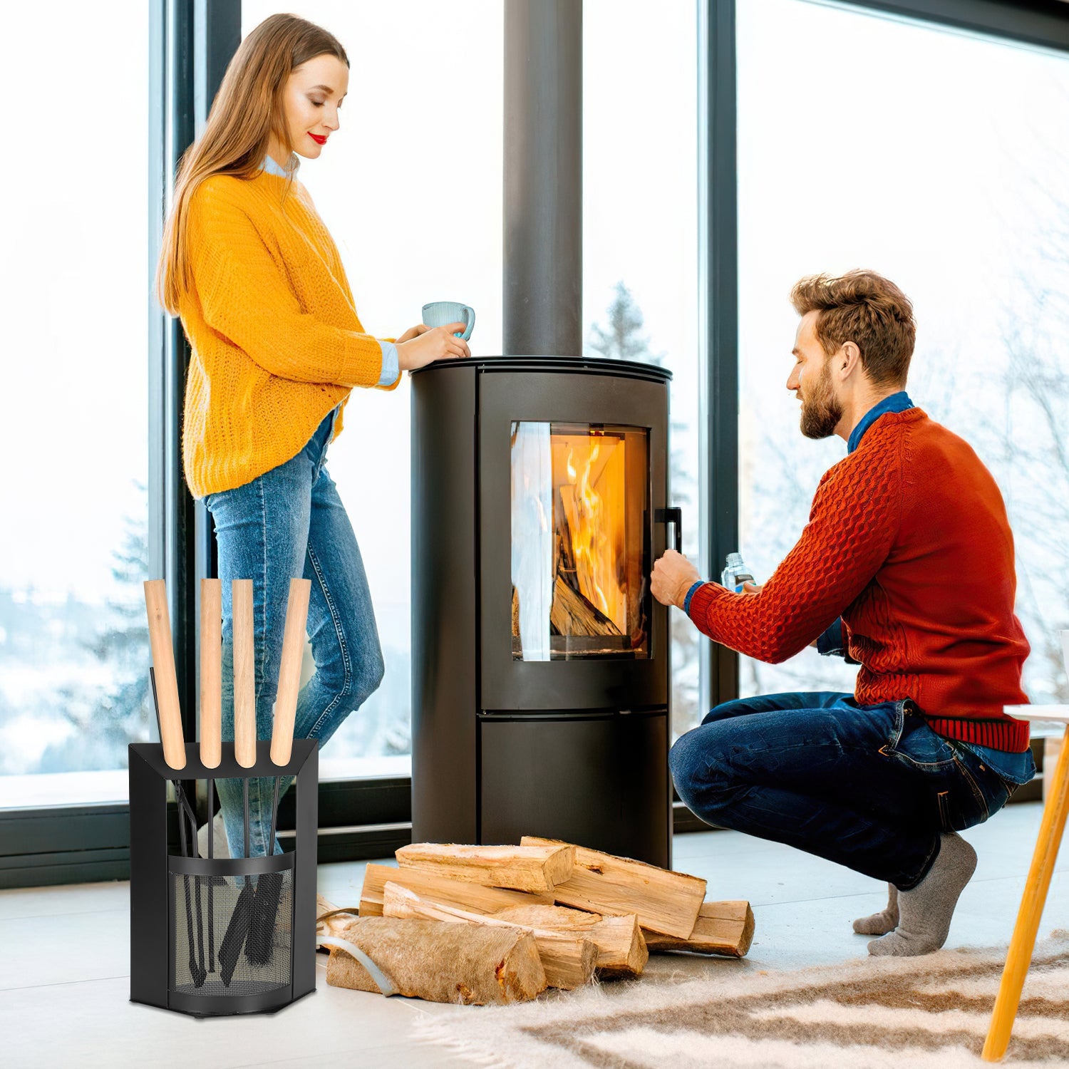 Cosmo Go Kaminbesteck 4-teiliges Kaminbesteck Set Holzgriff