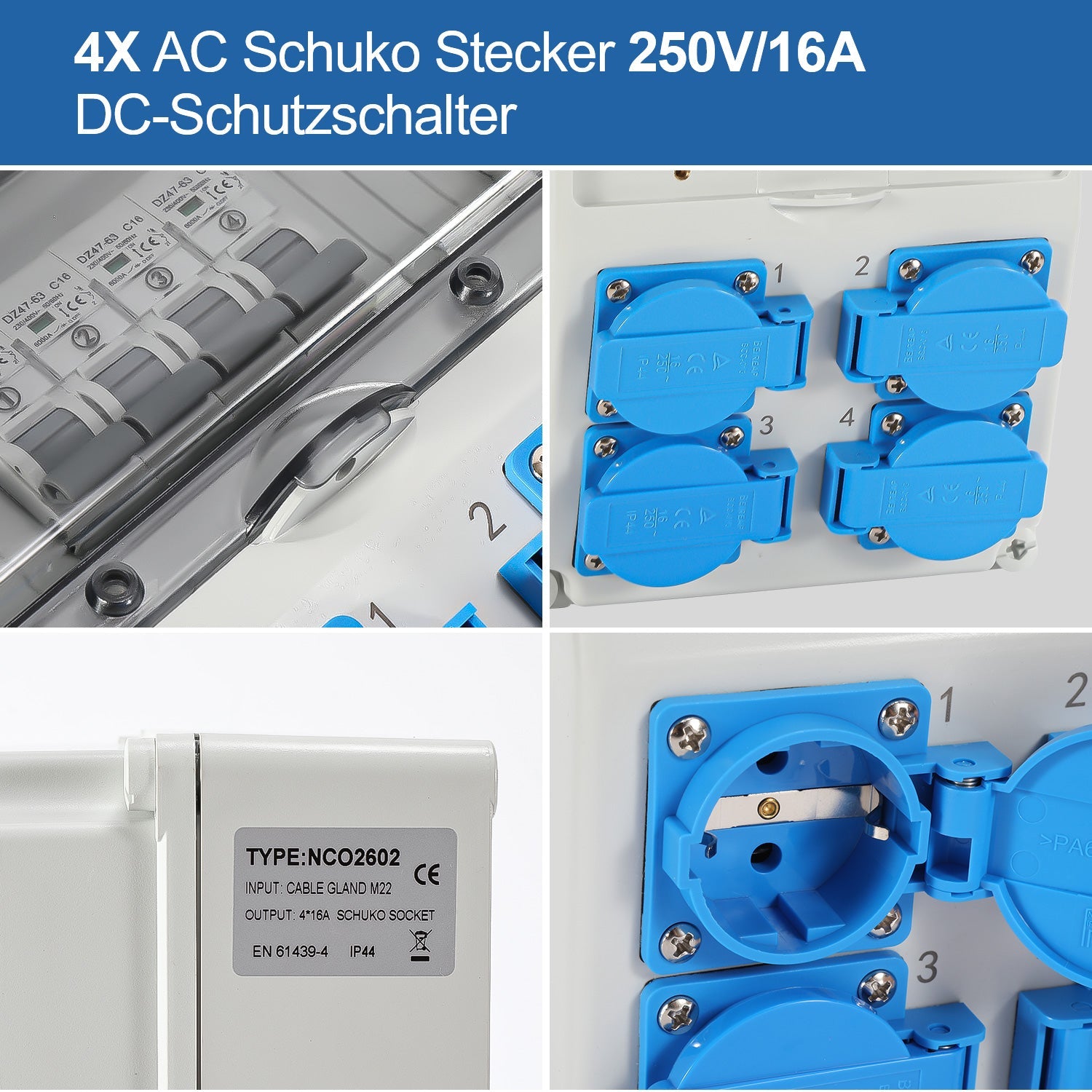 Cosmo Go Wandverteiler mit 4xSchuko-Steckdose16A 250V, 4xCEE Steckdosen 16A 1P