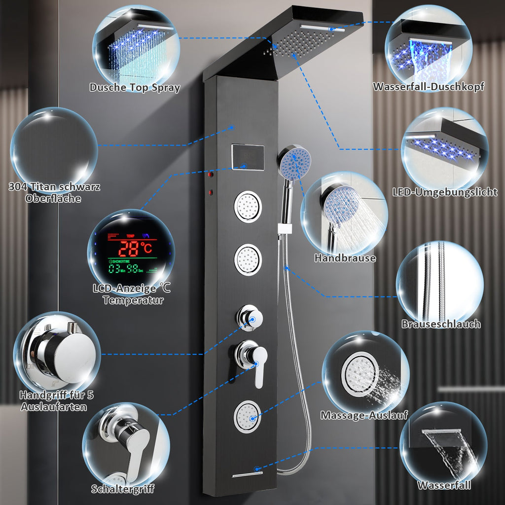 Cosmo Go Duschpaneel Wandduschpaneel 5 Funktionen Edelstahl Schwarz
