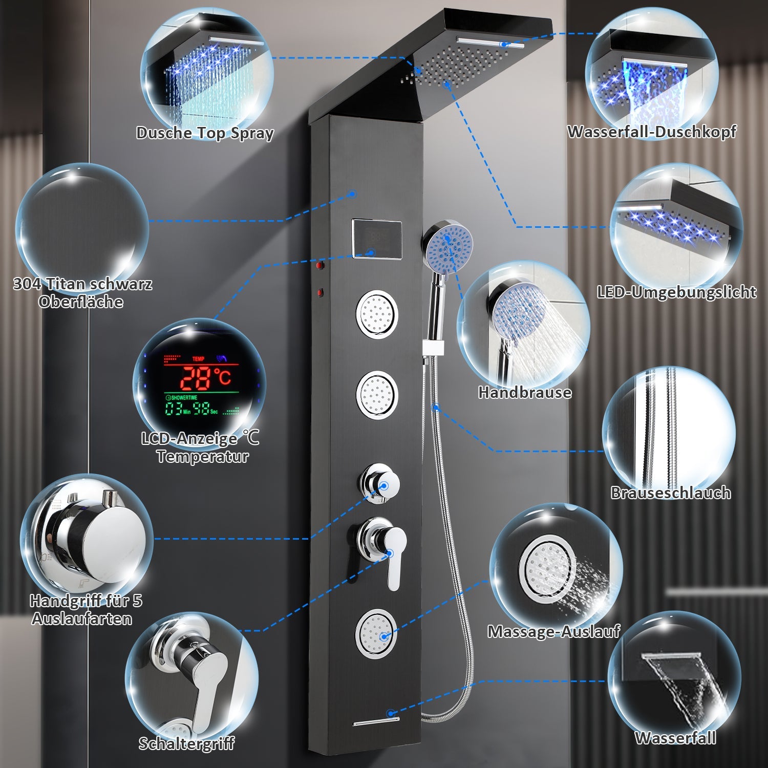 Cosmo Go Duschpaneel Wandduschpaneel 5 Funktionen Edelstahl Schwarz
