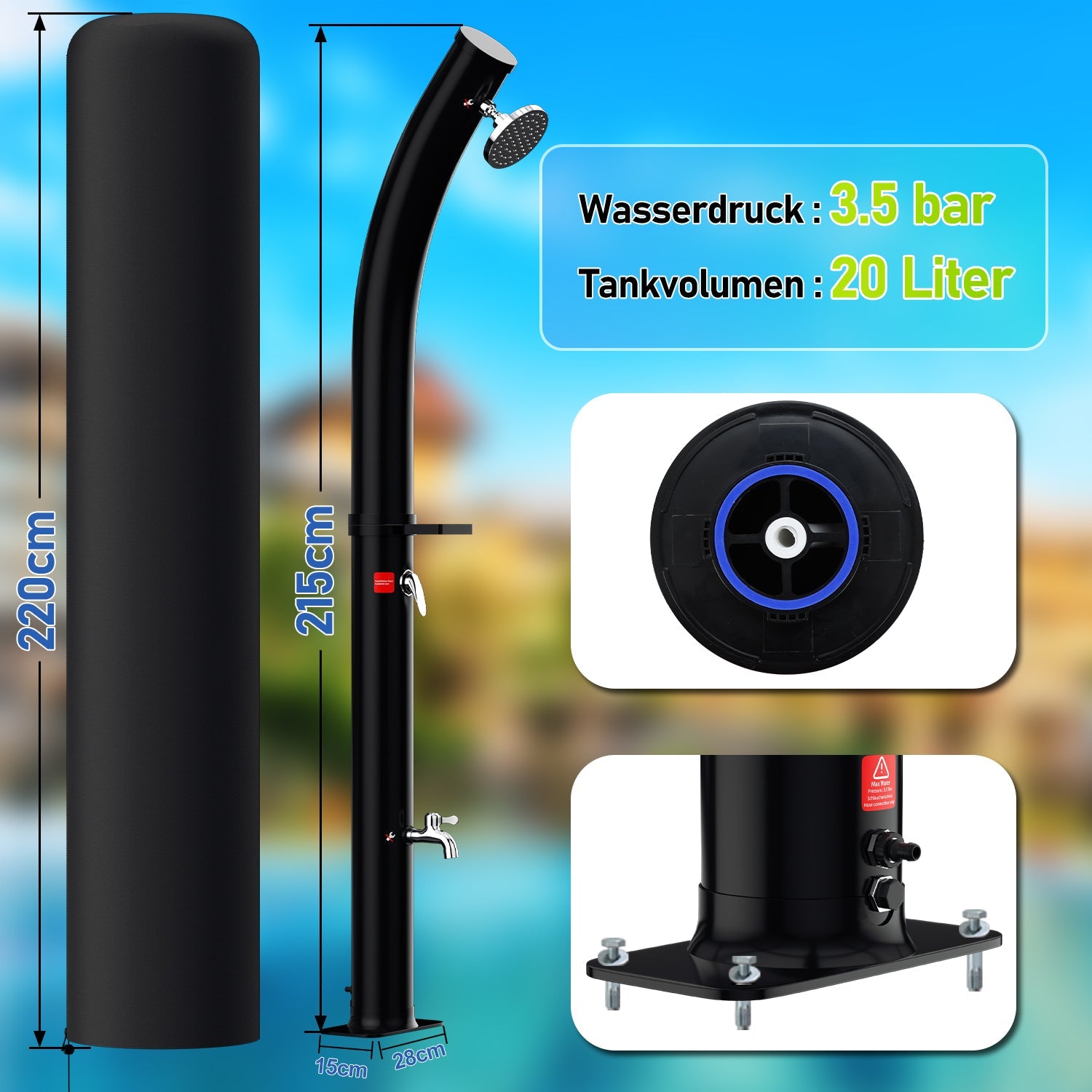 Cosmo Go 20L Solardusche Curve mit Regenduschkopf und Schutzhaube