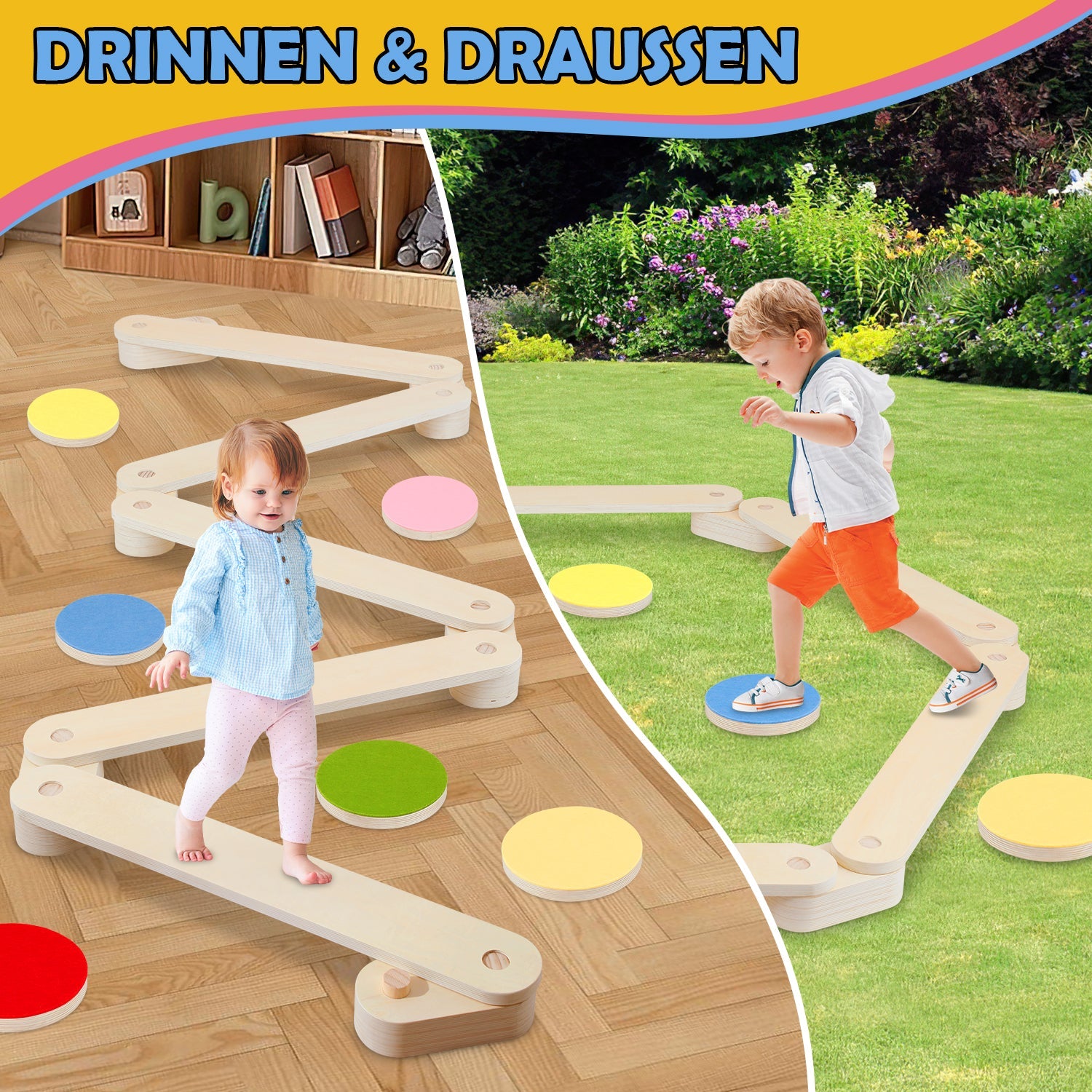 Cosmo Go Balancierbalken aus Holz mit 6 Balanciersteine für Kinder