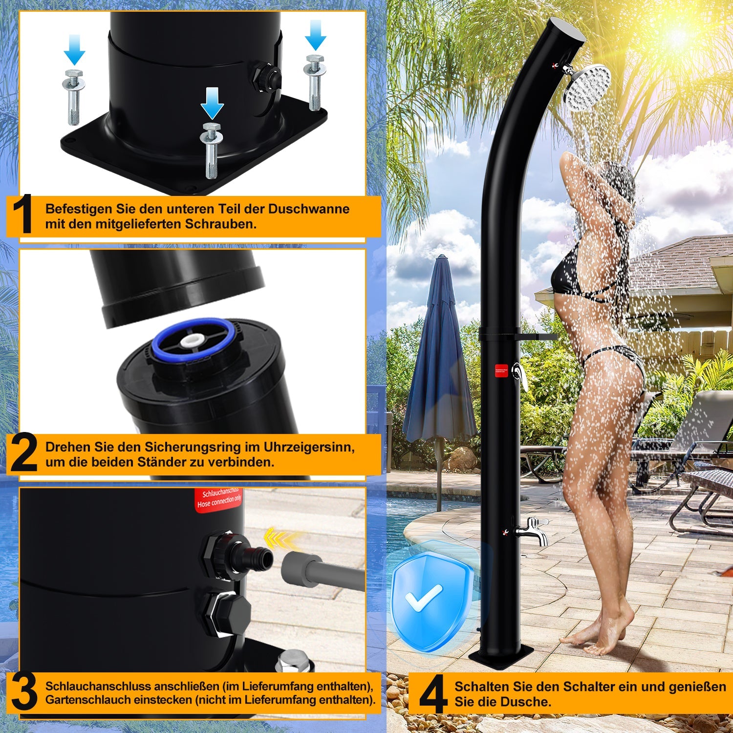 Cosmo Go 20L Solardusche Curve mit Regenduschkopf und Schutzhaube