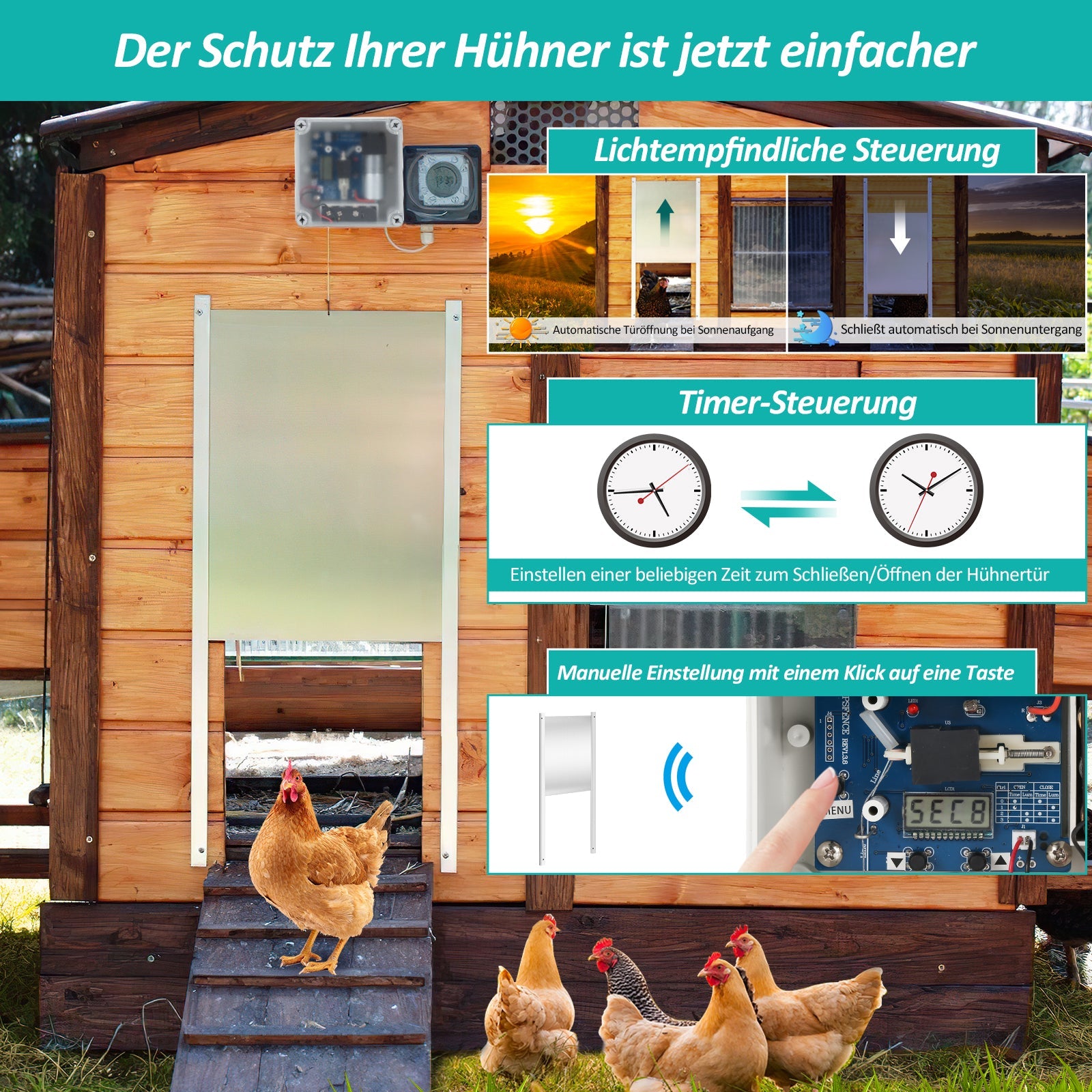 Cosmo Go Automatische Hühnertür mit Lichtsensor und Zeitsteuerung