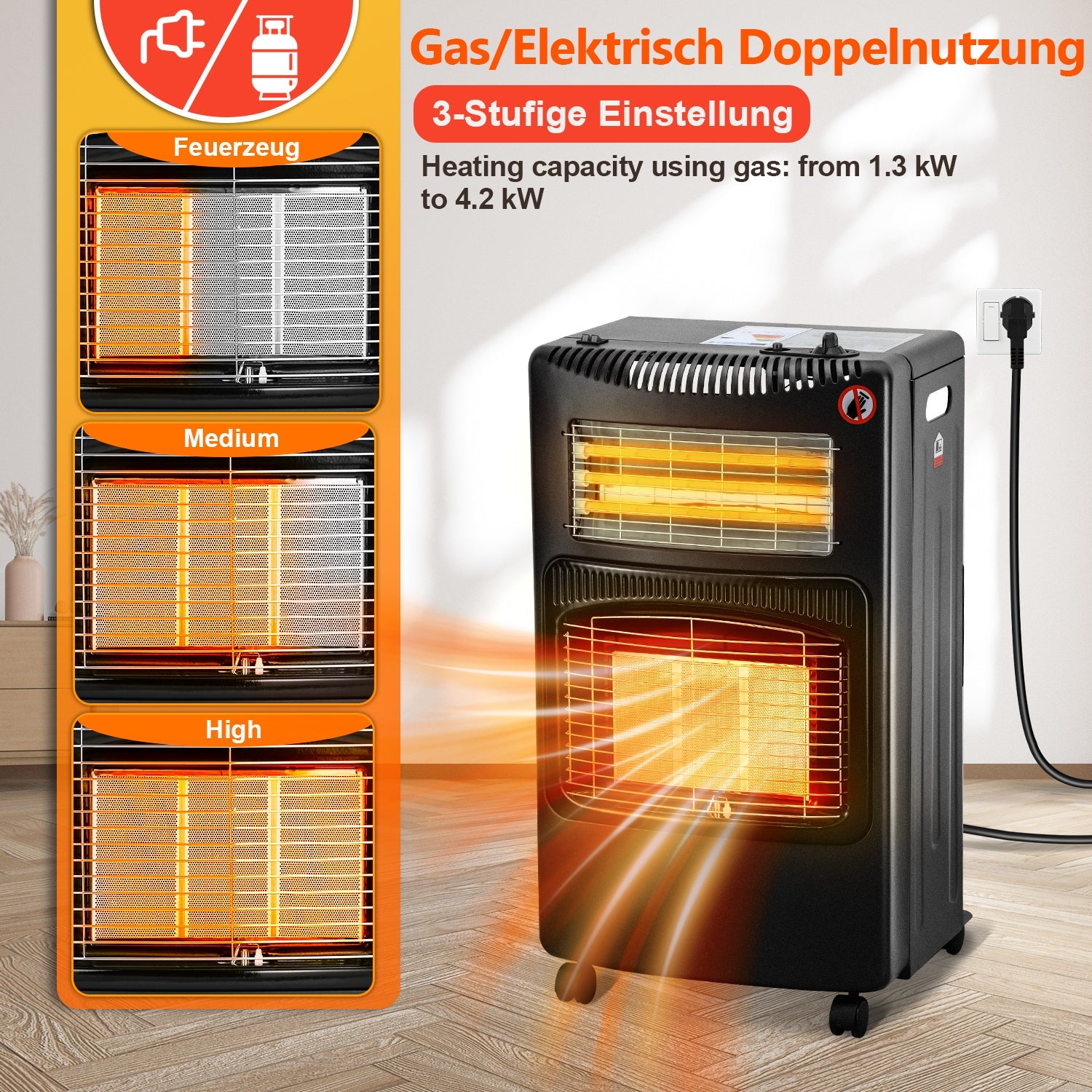 Cosmo Go Gasheizer 4200W und 1260W Elektrische Gasheizgerät mit Druckminderer