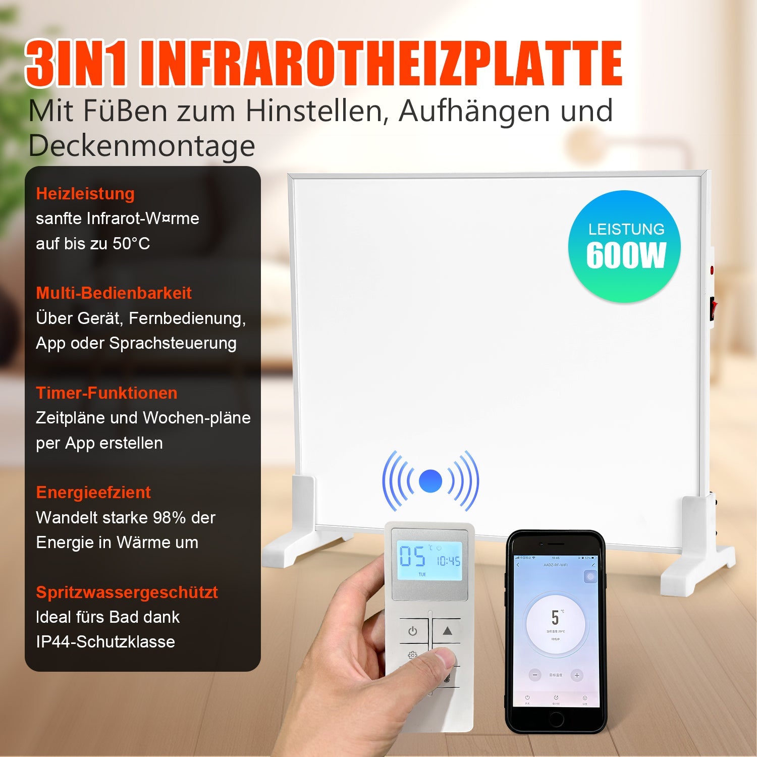 Cosmo Go Infrarotheizung Thermostat APP Fernbedienung 300-1200 W