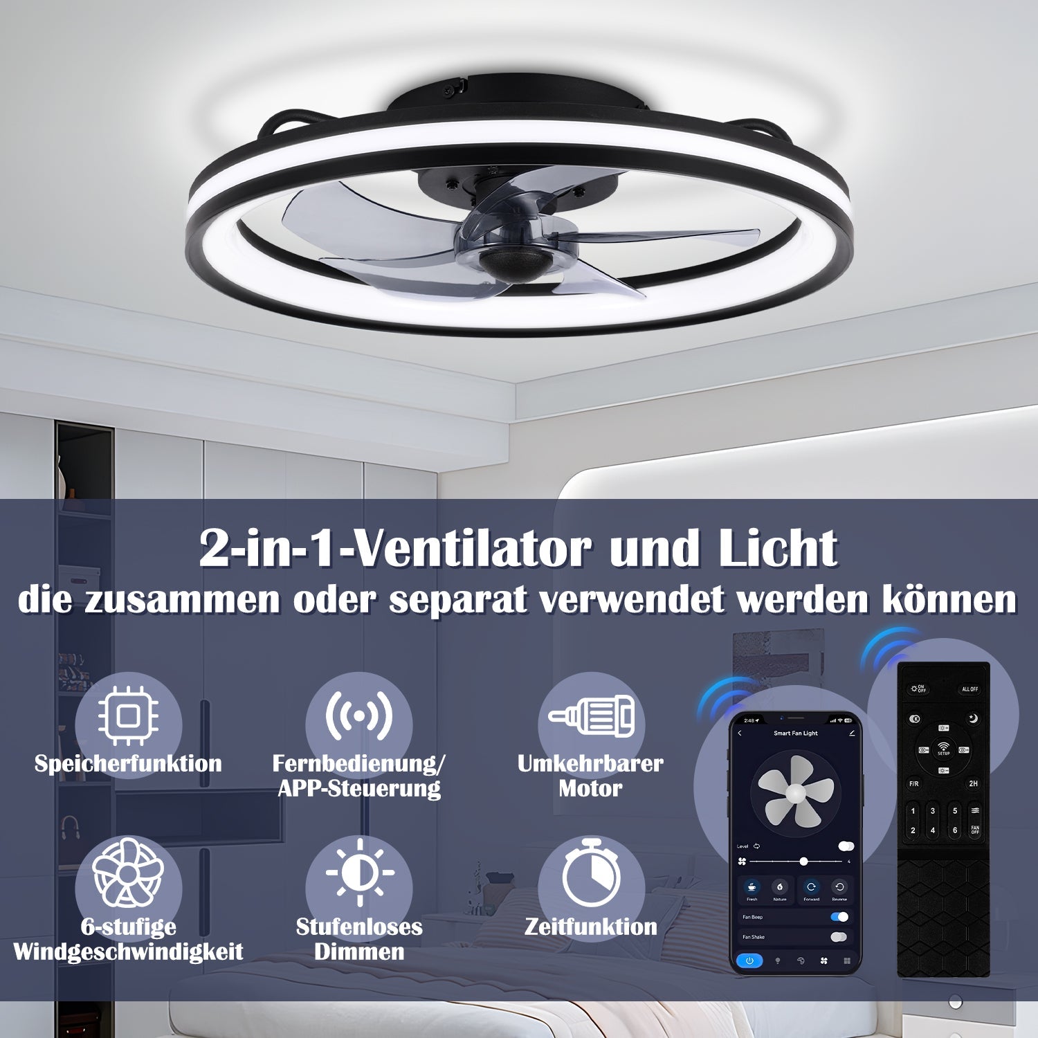 Cosmo Go Deckenventilator Ventilator mit Fernbedienung und Beleuchtung