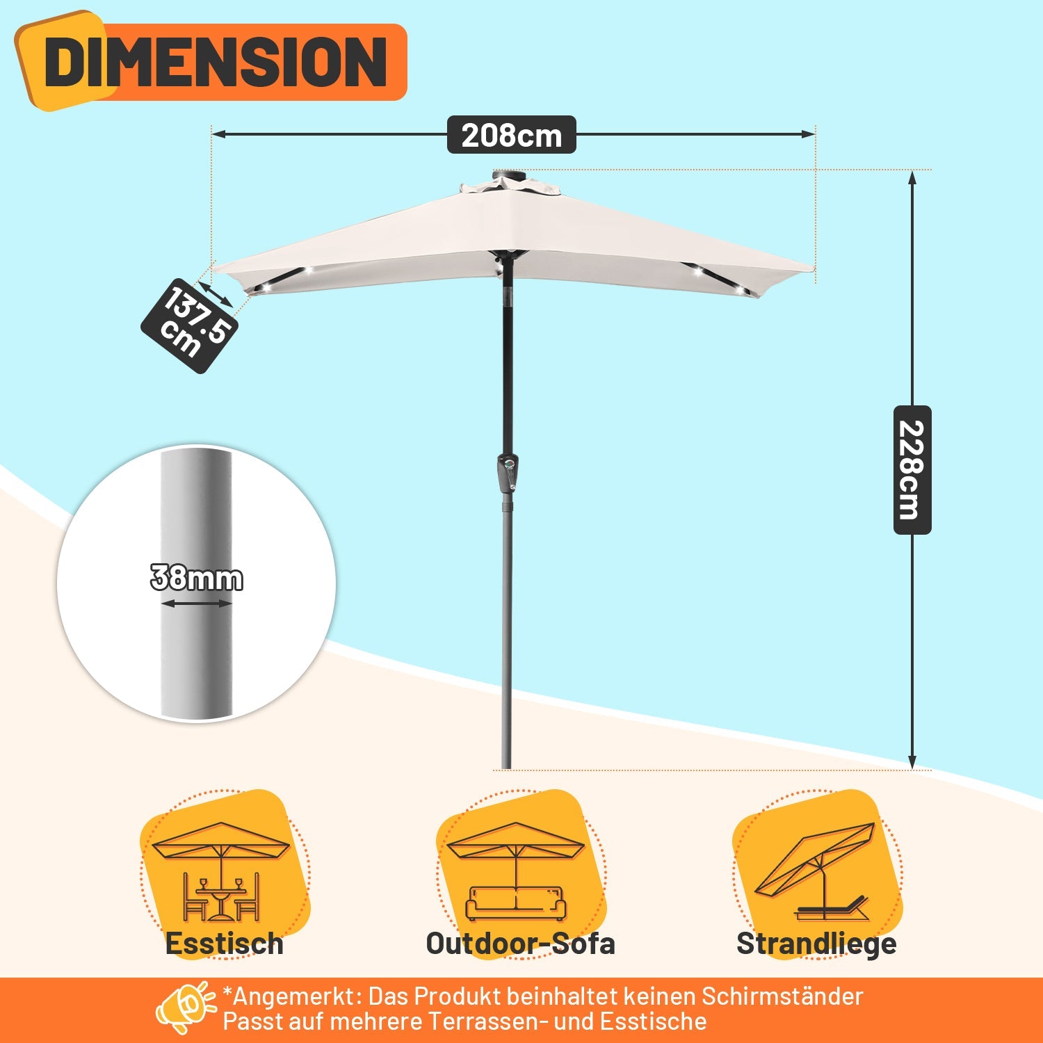 Cosmo Go Sonnenschirm 210x140 / 300x200cm Rechteckig mit LED Solar