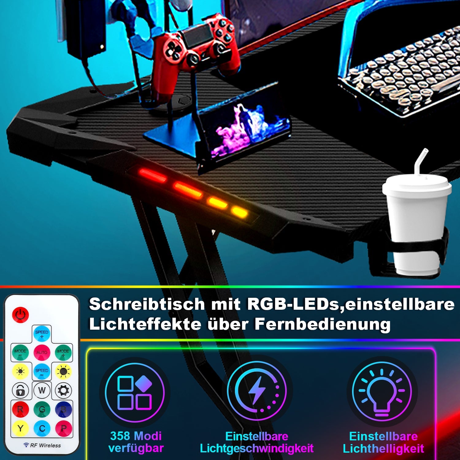 Cosmo Go Gaming Schreibtisch Gaming Tisch 120/140cm mit LED Fernbedienung