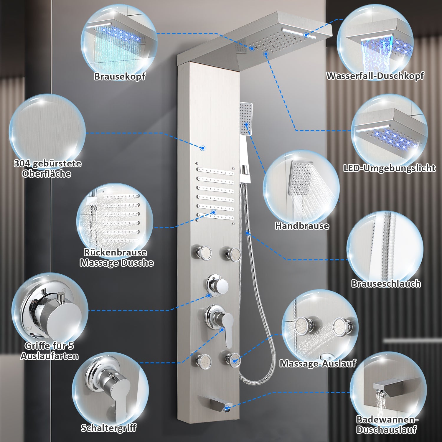 Cosmo Go Duschpaneel Wandduschpaneel 5 Funktionen Edelstahl Silber