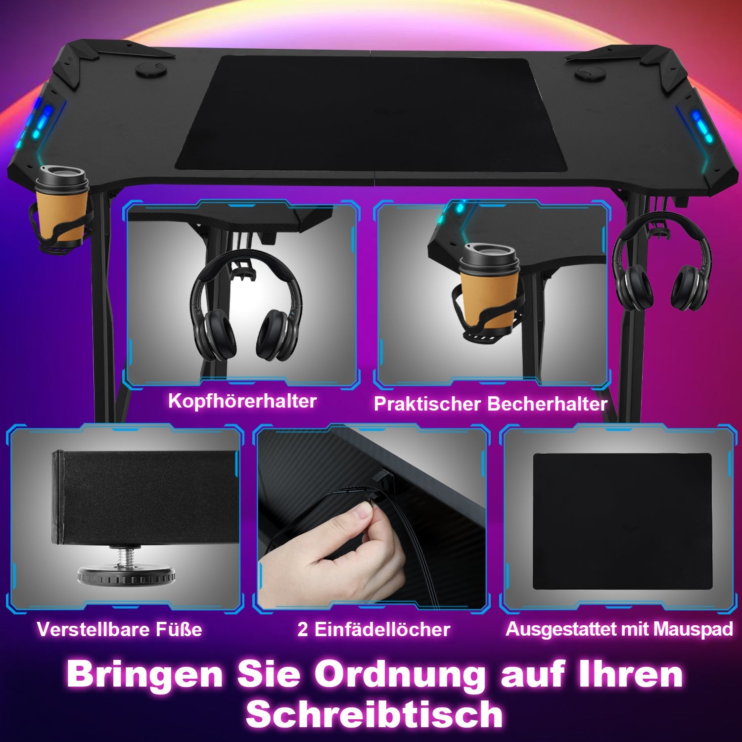 Cosmo Go Gaming Schreibtisch Gaming Tisch 120/140cm mit LED Fernbedienung