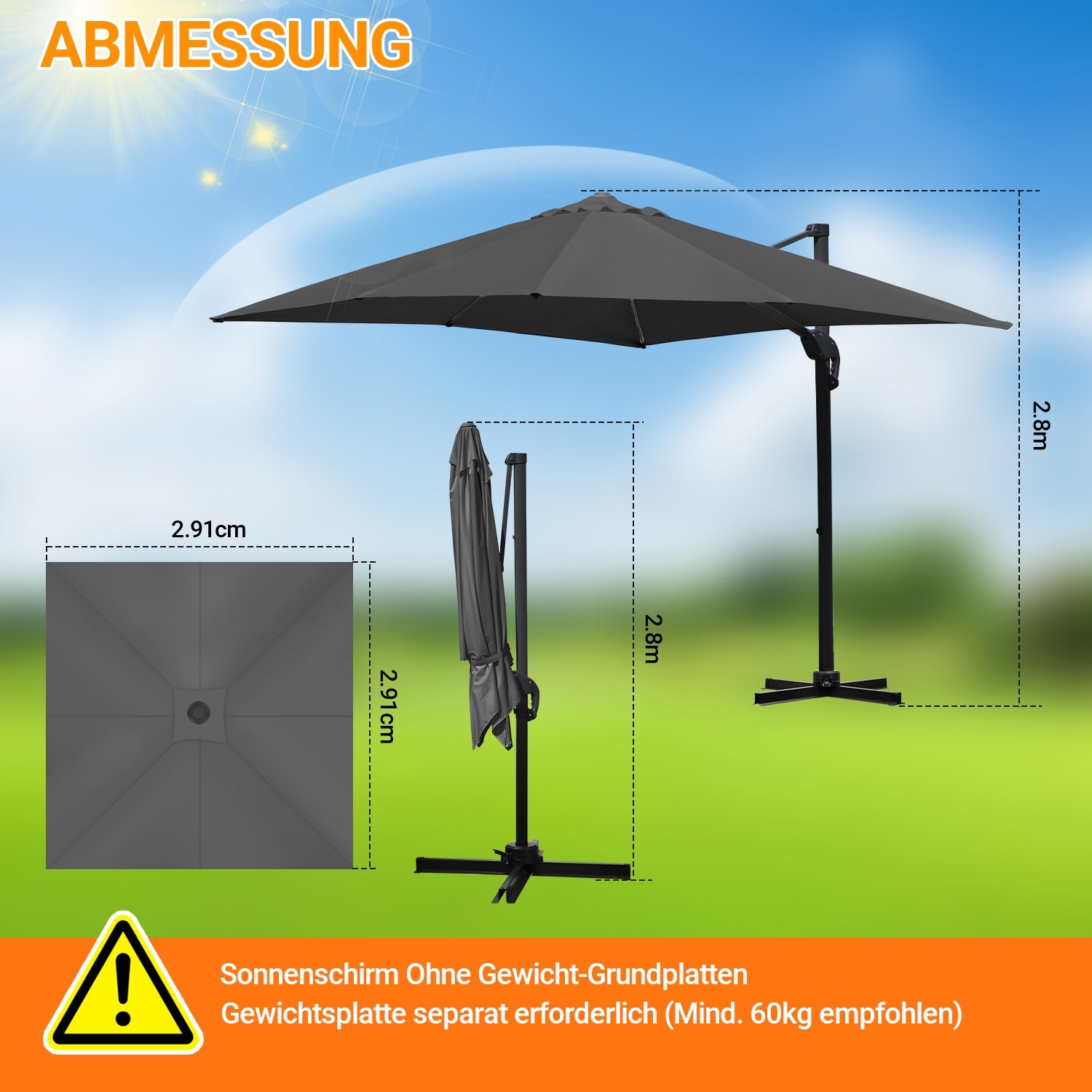 Cosmo Go Ampelschirm 300 x 300 cm Sonnenschirm 360° Drehbar