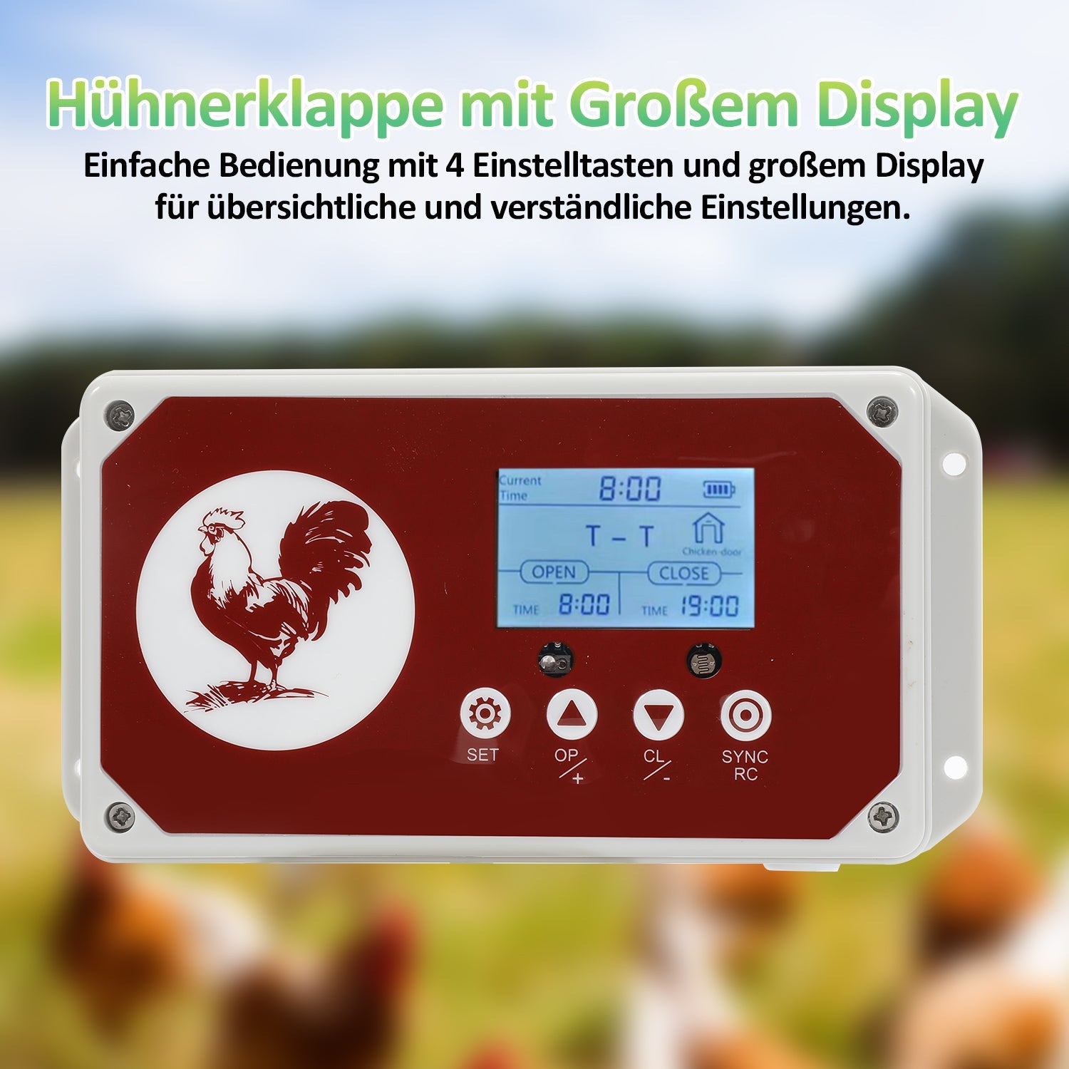 Cosmo Go Automatische Hühnerklappe mit Lichtsensor, Zeitschaltuhr, LED Display